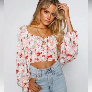 Ruby Sees Brand NWT Pink Floral After School Long‎ Sleeve Crop Top Size US 2